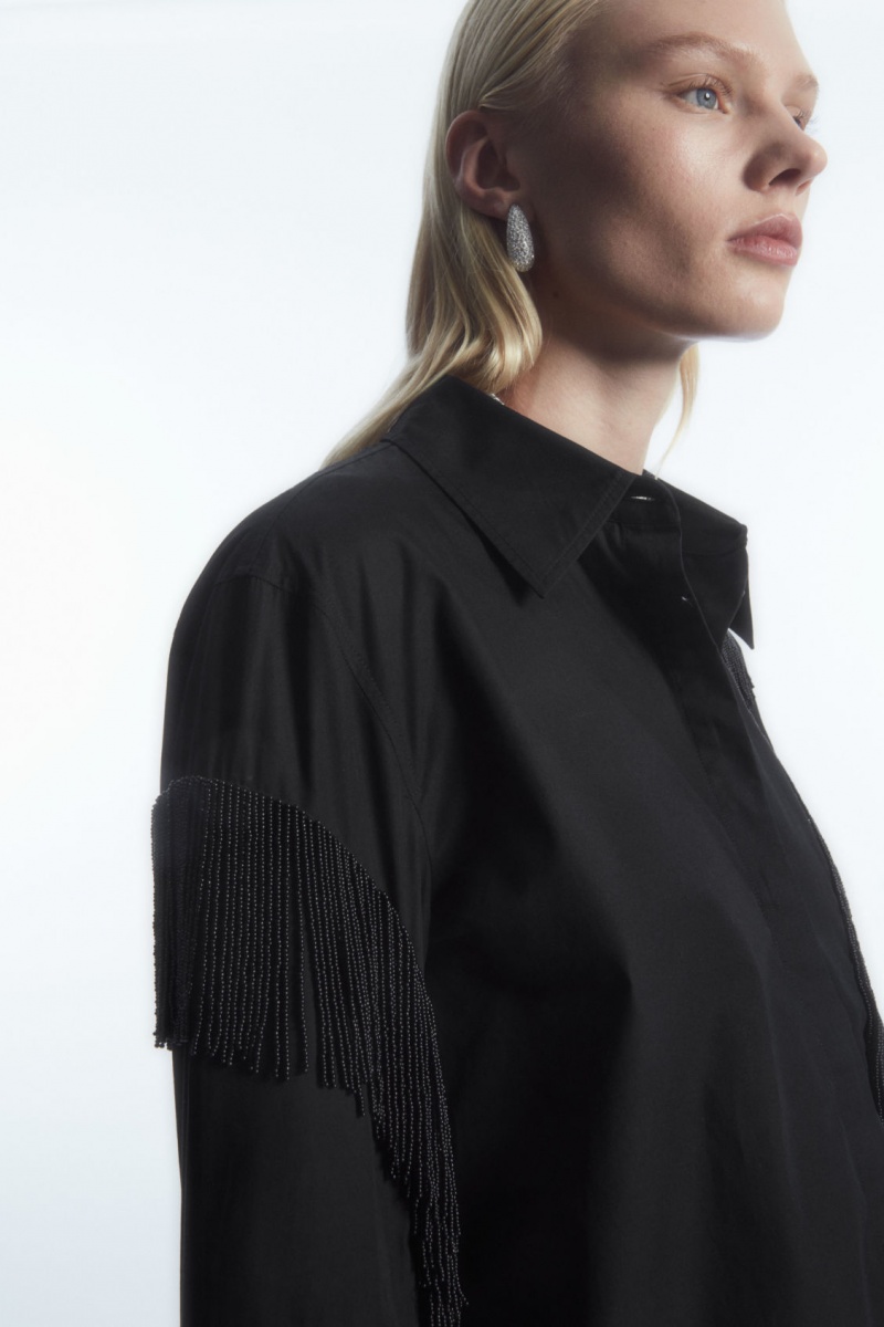 Women's COS Oversized Embellished Fringed Shirts Black NZ-63ZNOMSVG