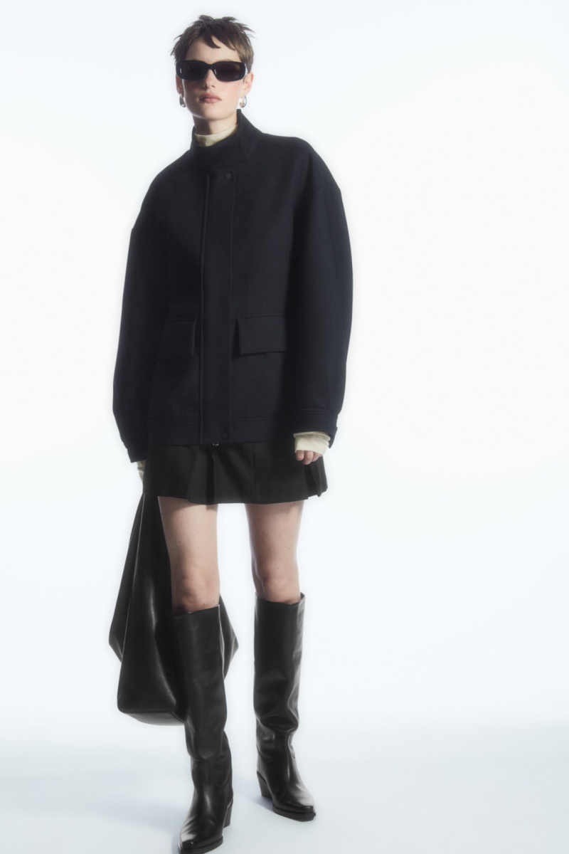 Women's COS Oversized Funnel-Neck Wool Bomber Jackets Black NZ-79JXANCYU