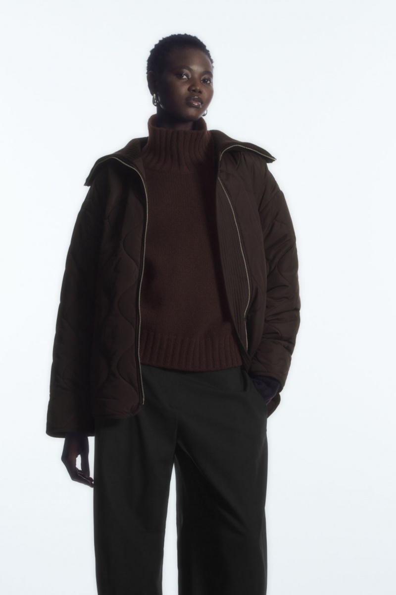 Women's COS Oversized Knitted-Collar Quilted Jackets Dark Brown NZ-56WQFGEXR