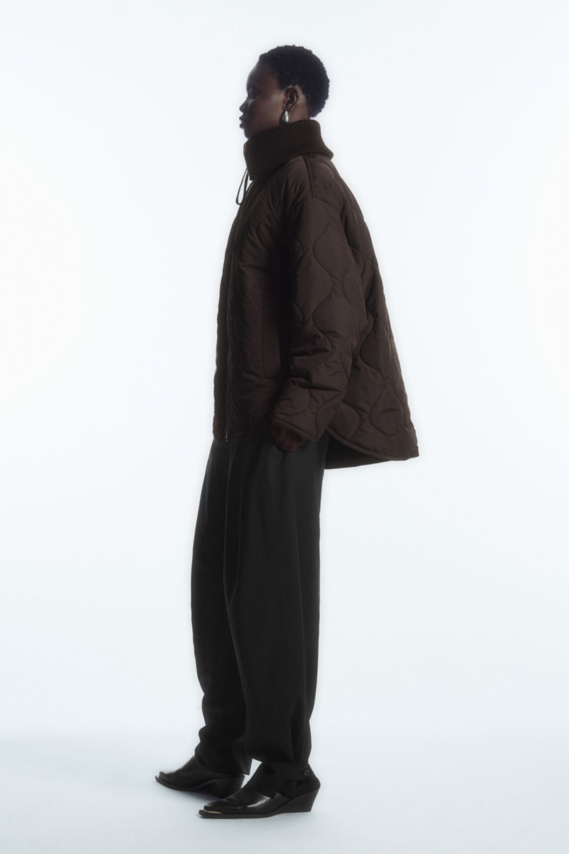 Women's COS Oversized Knitted-Collar Quilted Jackets Dark Brown NZ-56WQFGEXR
