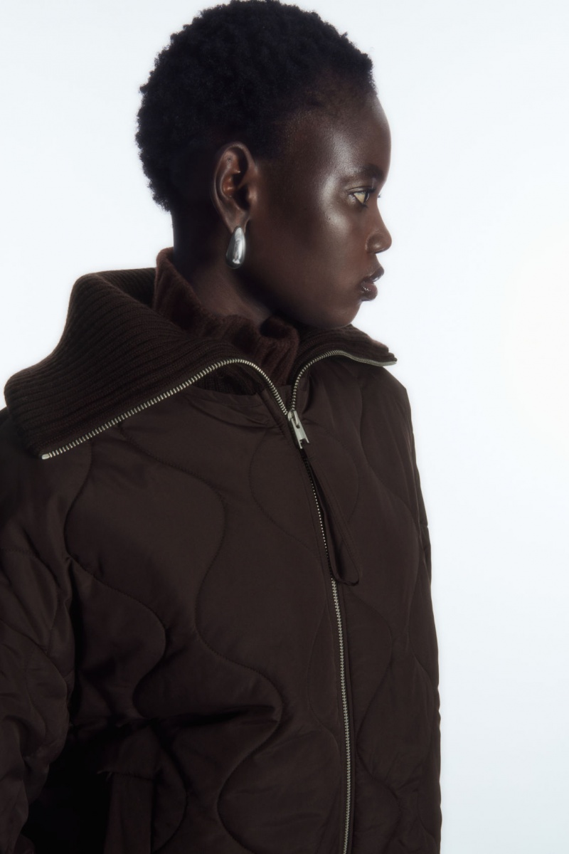 Women's COS Oversized Knitted-Collar Quilted Jackets Dark Brown NZ-56WQFGEXR