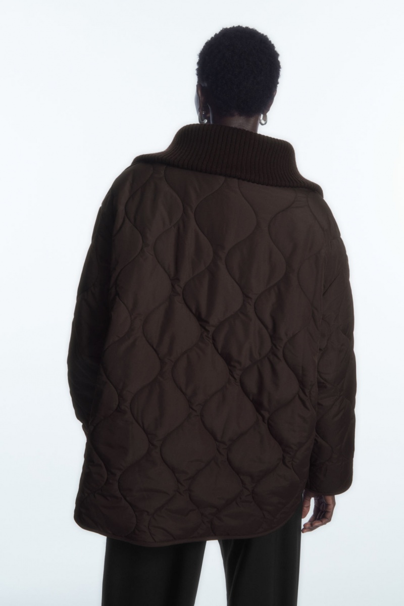 Women's COS Oversized Knitted-Collar Quilted Jackets Dark Brown NZ-56WQFGEXR
