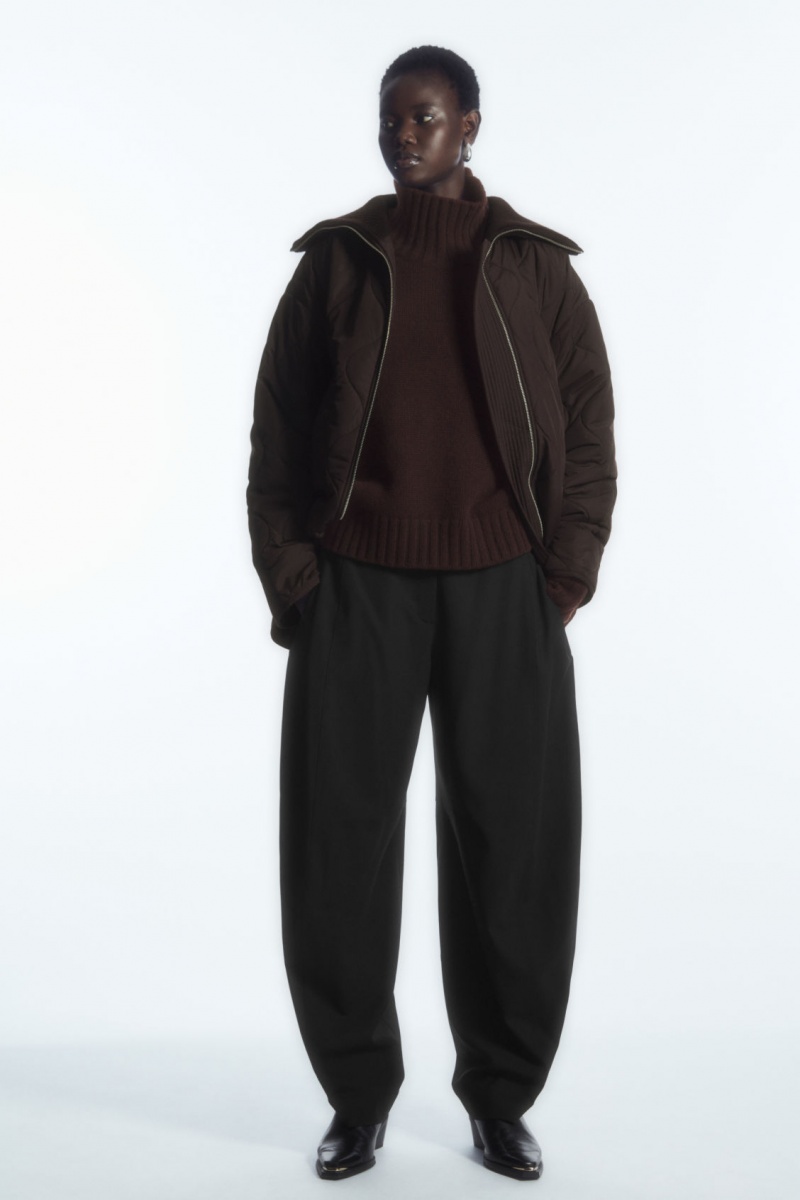 Women's COS Oversized Knitted-Collar Quilted Jackets Dark Brown NZ-56WQFGEXR