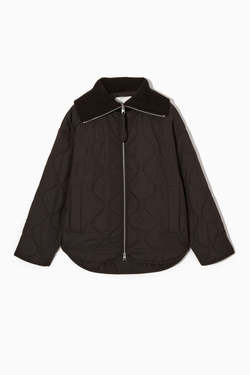 Women's COS Oversized Knitted-Collar Quilted Jackets Dark Brown NZ-56WQFGEXR