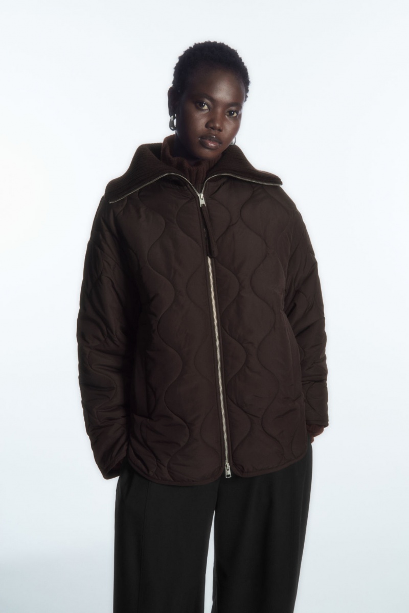 Women\'s COS Oversized Knitted-Collar Quilted Jackets Dark Brown NZ-56WQFGEXR