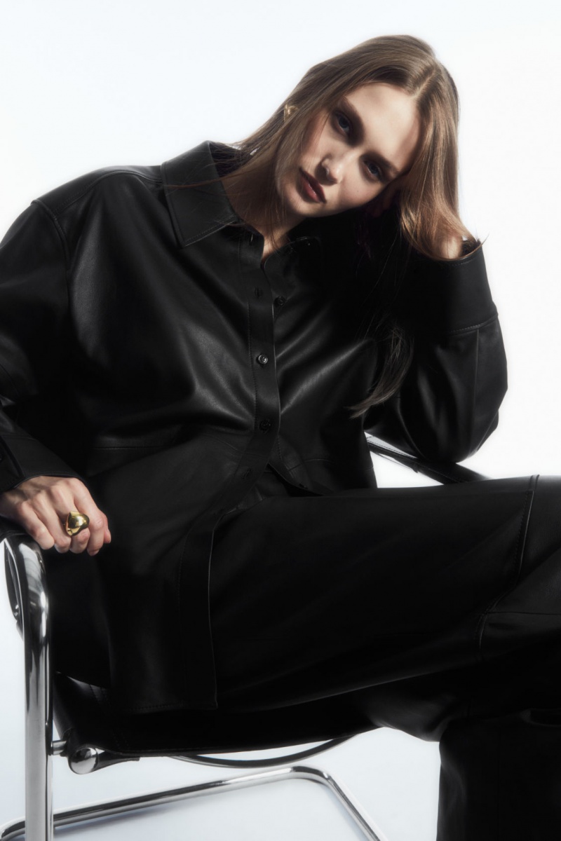 Women's COS Oversized Leather Shirts Black NZ-89CTOFVGU