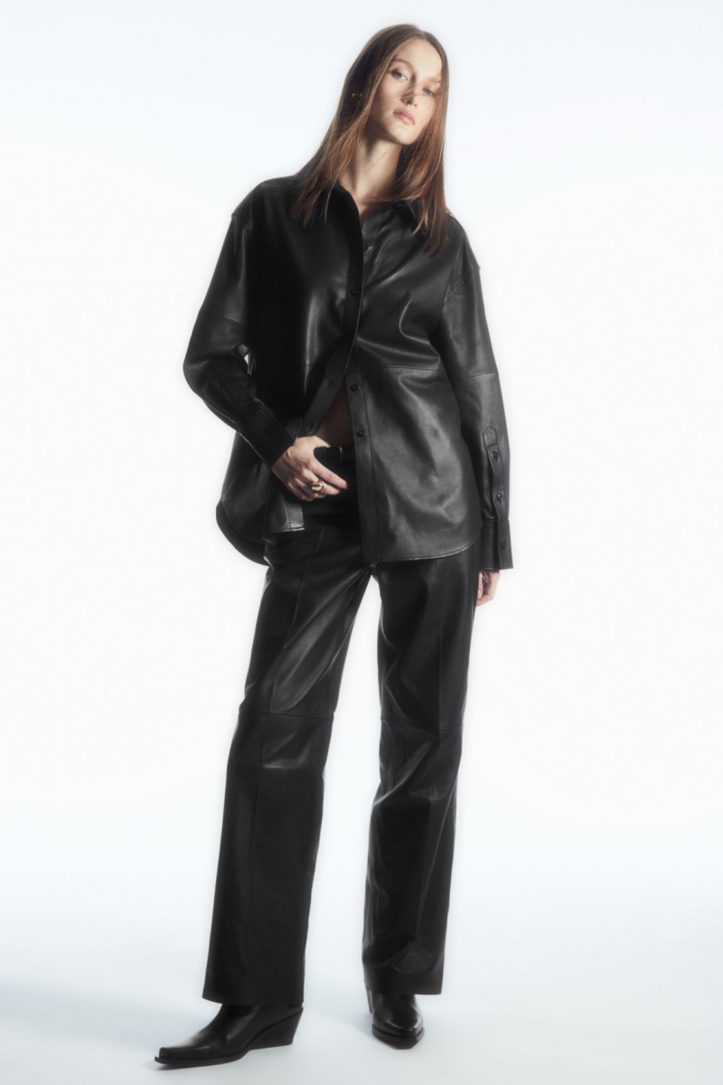 Women's COS Oversized Leather Shirts Black NZ-89CTOFVGU