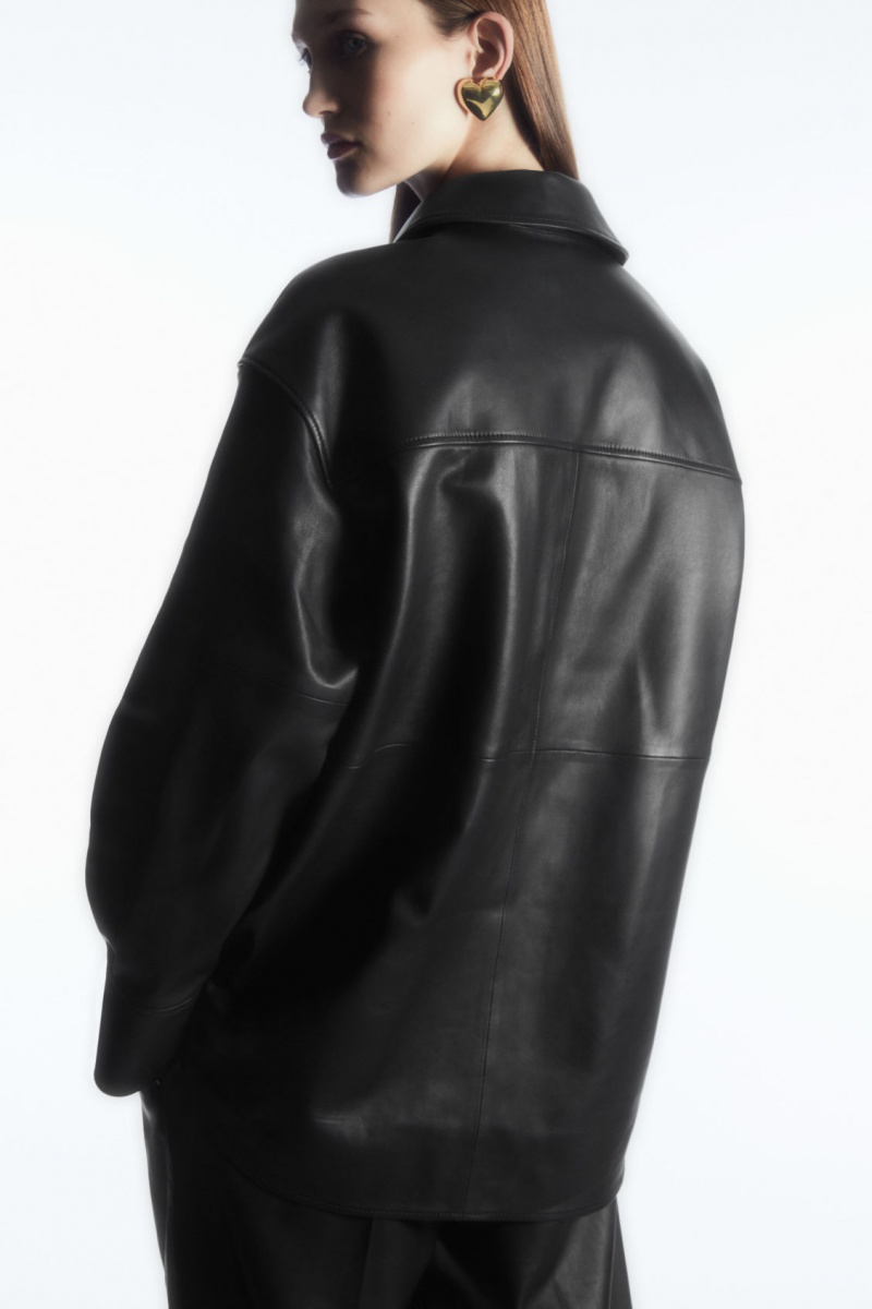 Women's COS Oversized Leather Shirts Black NZ-89CTOFVGU
