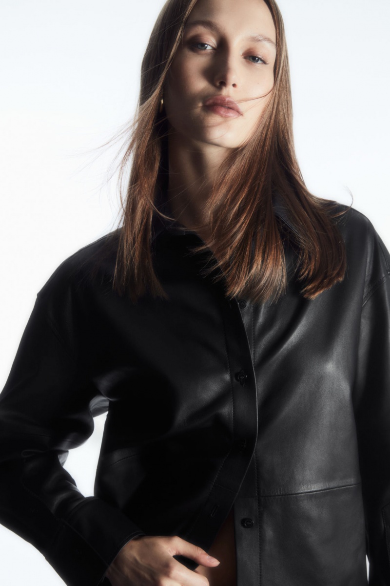 Women's COS Oversized Leather Shirts Black NZ-89CTOFVGU