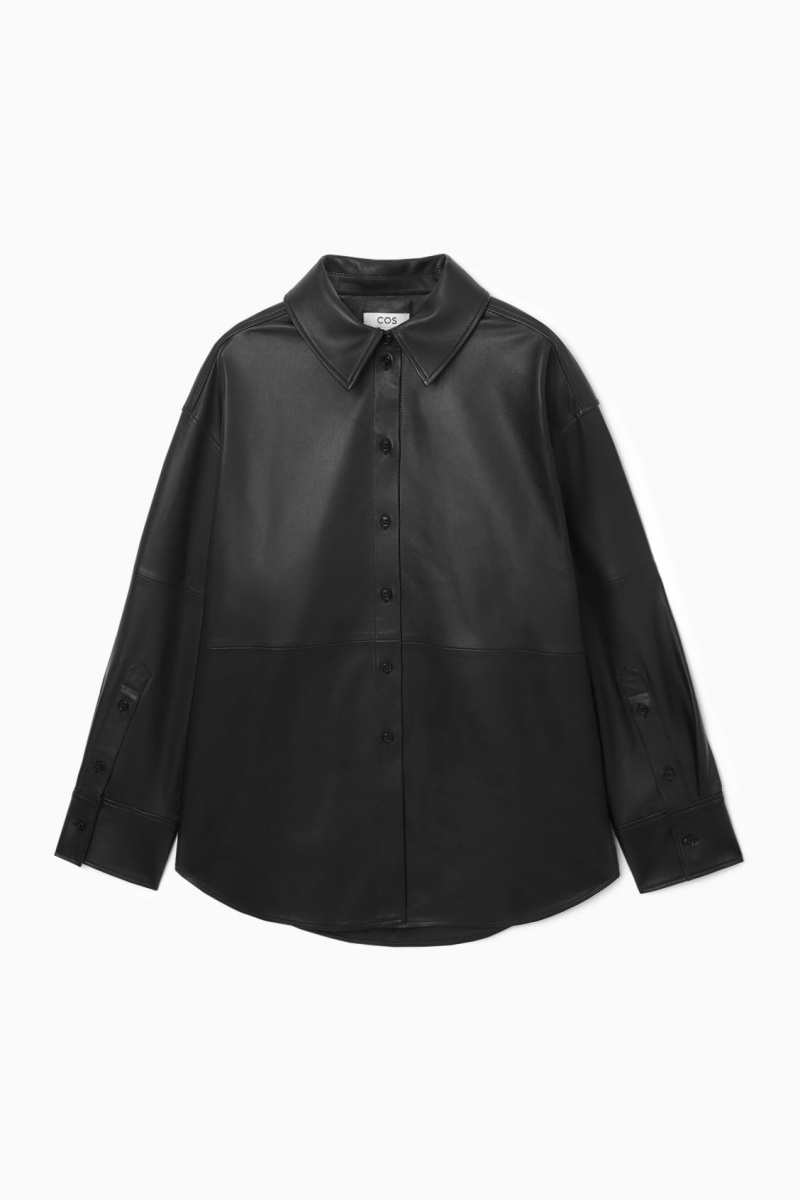 Women's COS Oversized Leather Shirts Black NZ-89CTOFVGU