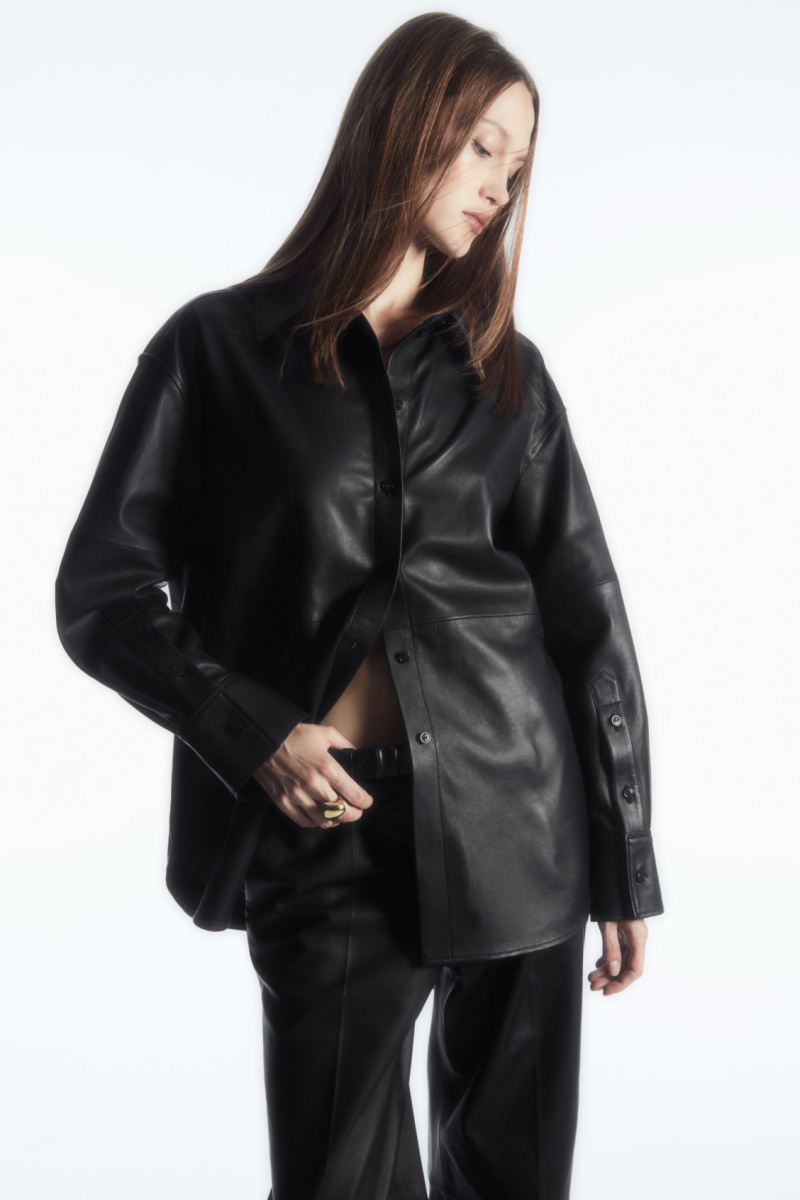 Women\'s COS Oversized Leather Shirts Black NZ-89CTOFVGU