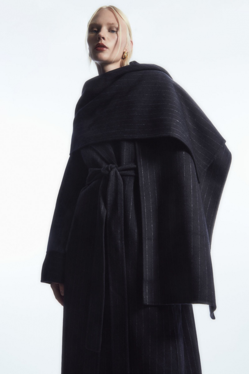 Women's COS Oversized Pinstriped Wool Scarf Coats Navy NZ-57JDZTKVR