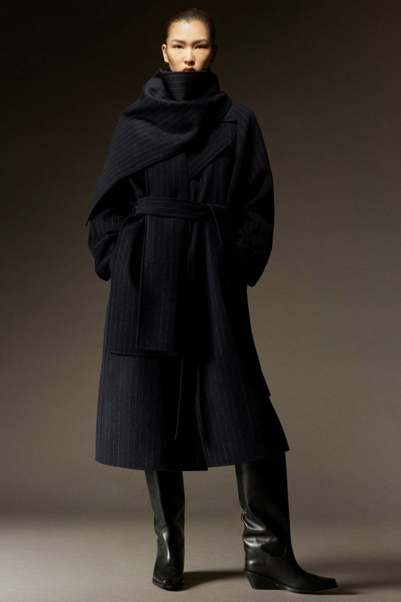 Women's COS Oversized Pinstriped Wool Scarf Coats Navy NZ-57JDZTKVR