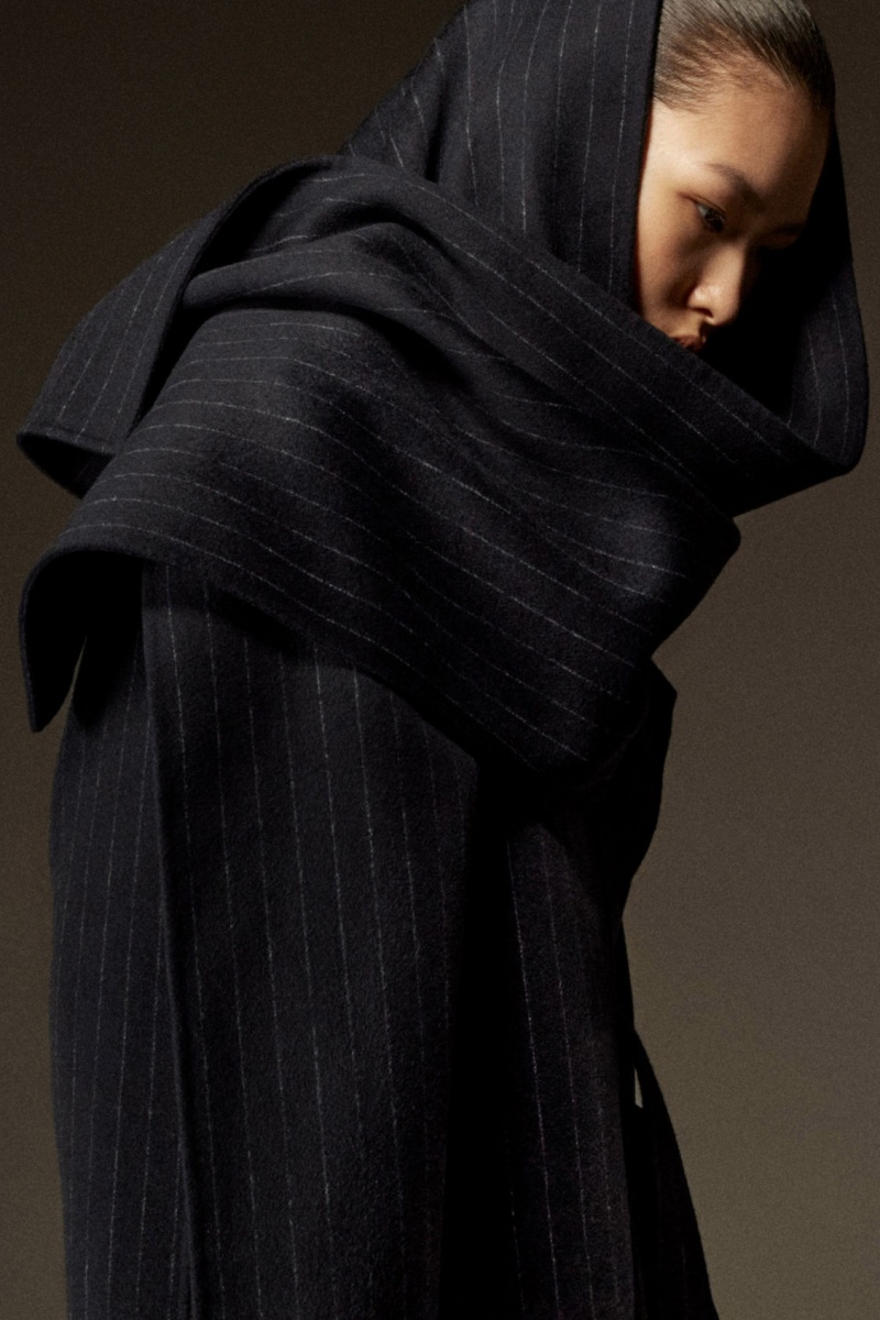 Women's COS Oversized Pinstriped Wool Scarf Coats Navy NZ-57JDZTKVR
