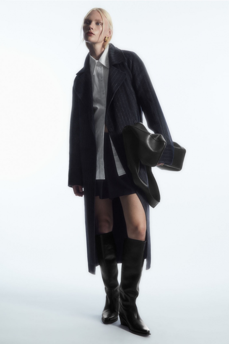 Women's COS Oversized Pinstriped Wool Scarf Coats Navy NZ-57JDZTKVR