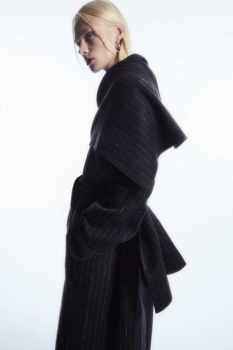 Women's COS Oversized Pinstriped Wool Scarf Coats Navy NZ-57JDZTKVR