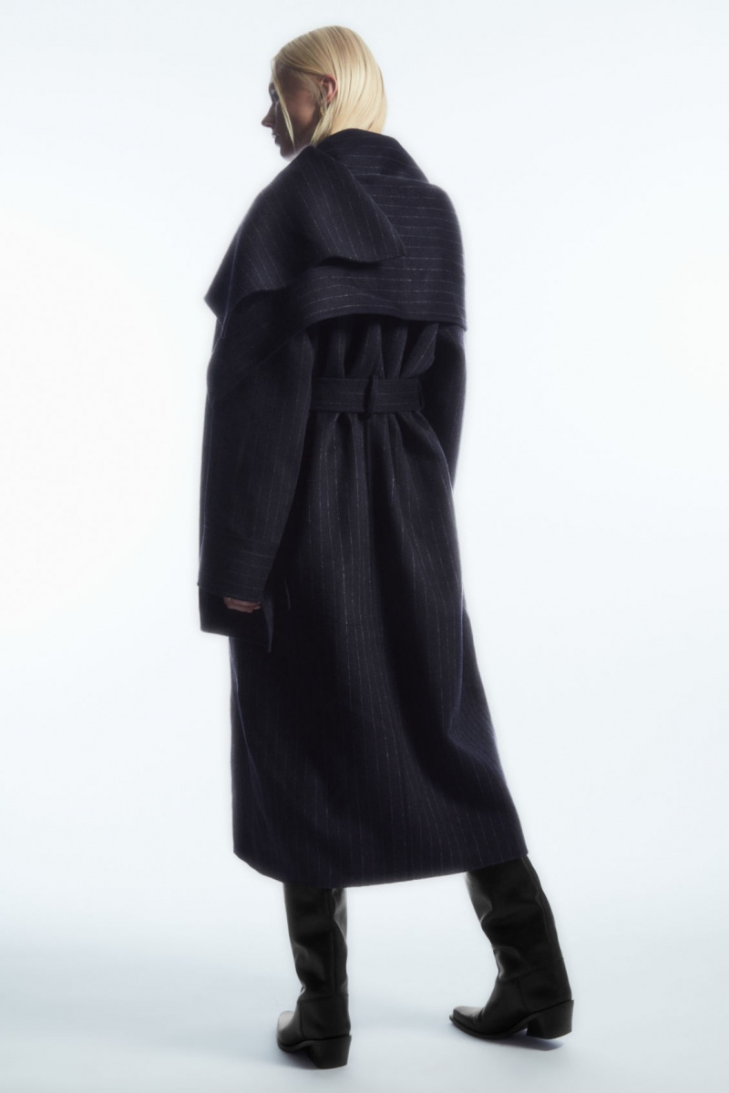 Women's COS Oversized Pinstriped Wool Scarf Coats Navy NZ-57JDZTKVR