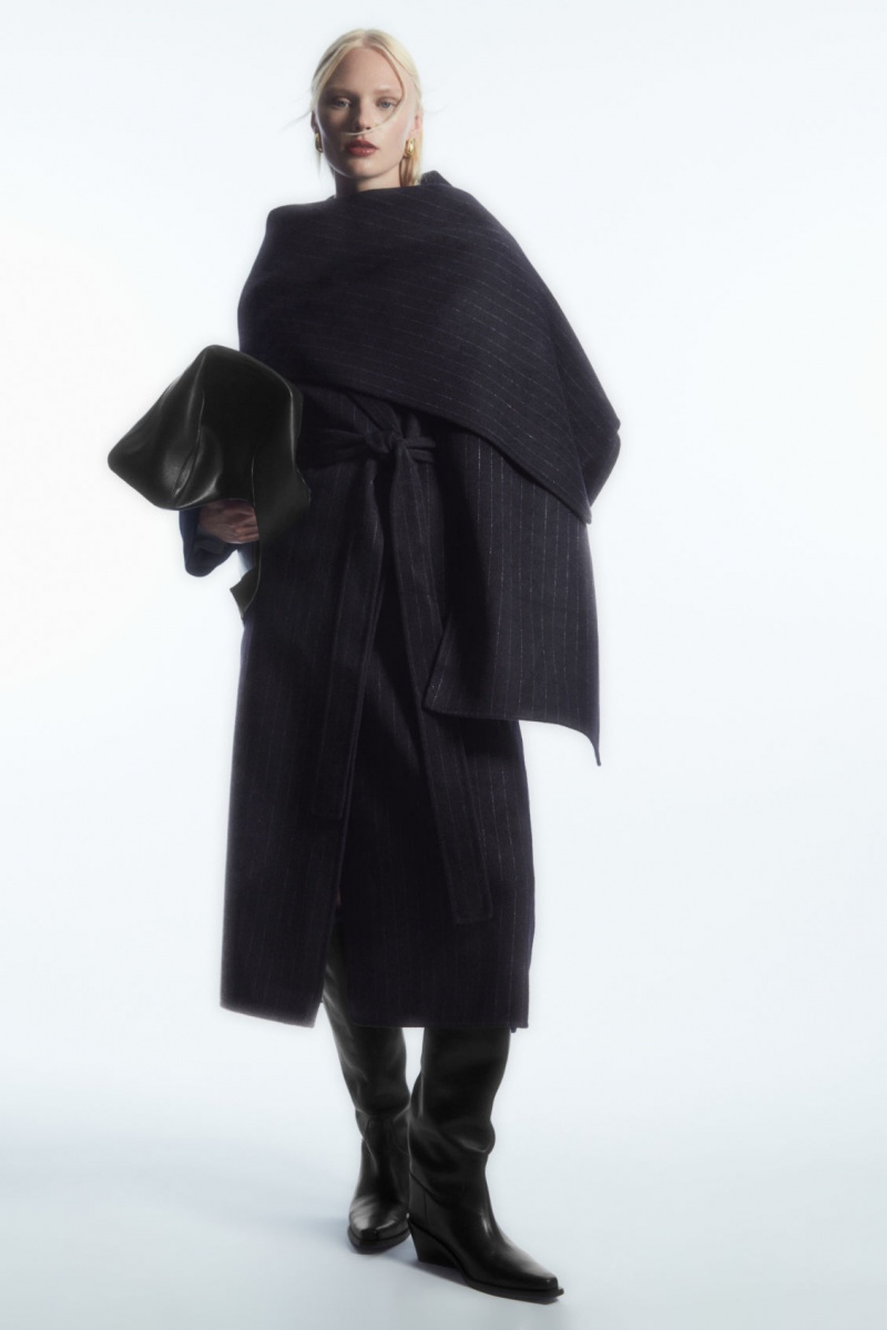 Women\'s COS Oversized Pinstriped Wool Scarf Coats Navy NZ-57JDZTKVR