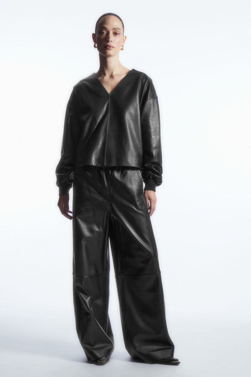 Women's COS Oversized V-Neck Leather Tops Black NZ-49ZMXLHFY
