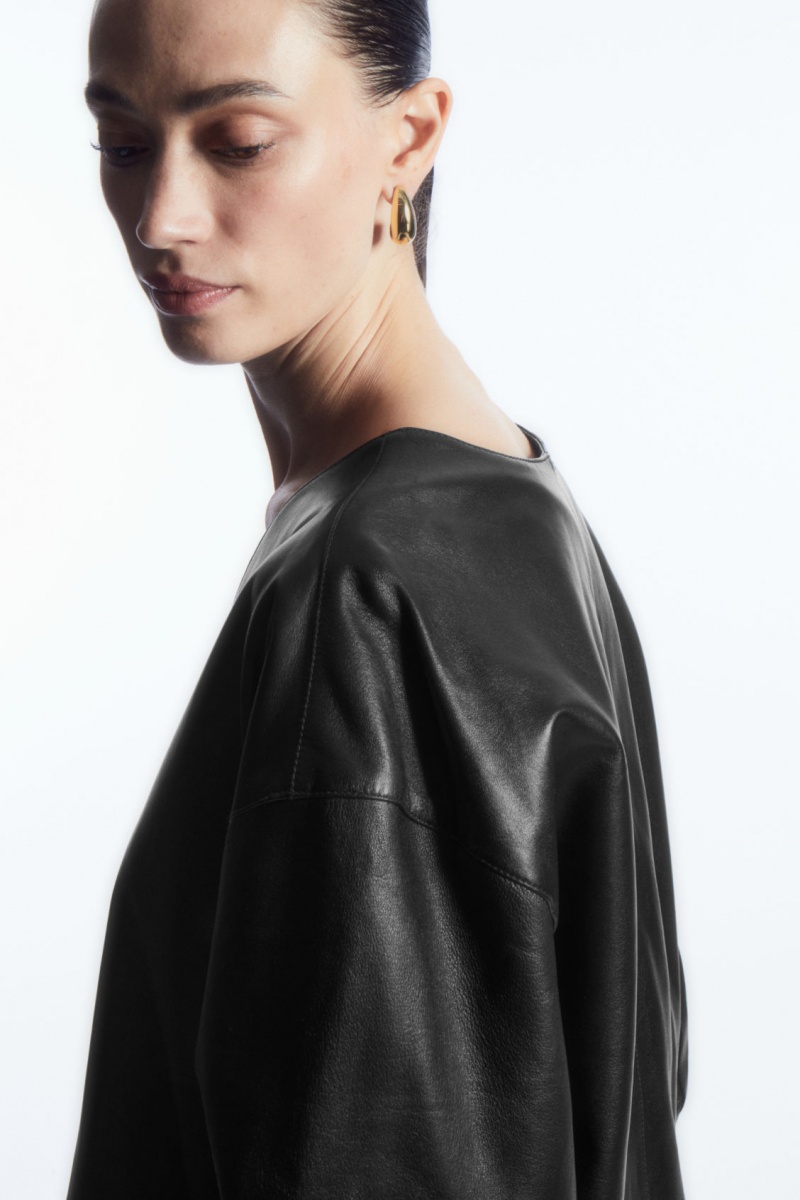 Women's COS Oversized V-Neck Leather Tops Black NZ-49ZMXLHFY
