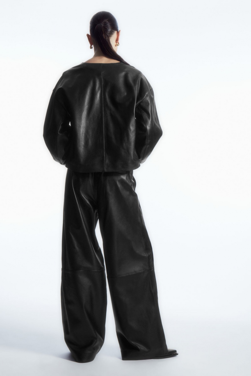 Women's COS Oversized V-Neck Leather Tops Black NZ-49ZMXLHFY