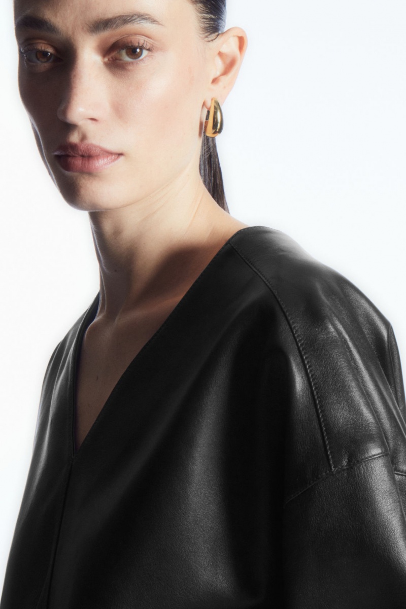 Women's COS Oversized V-Neck Leather Tops Black NZ-49ZMXLHFY