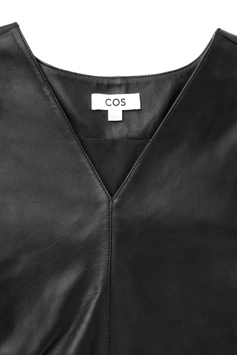 Women's COS Oversized V-Neck Leather Tops Black NZ-49ZMXLHFY