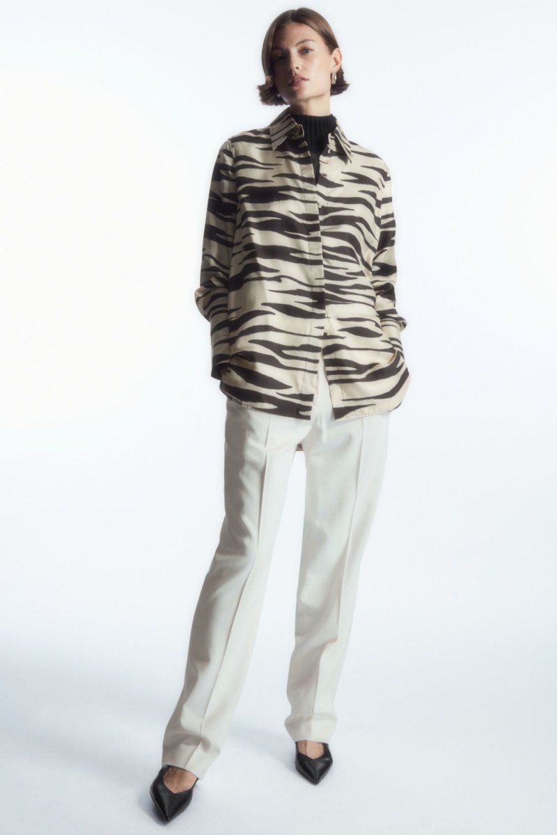 Women's COS Oversized Zebra-Print Silk Shirts White NZ-43BDNLKHX