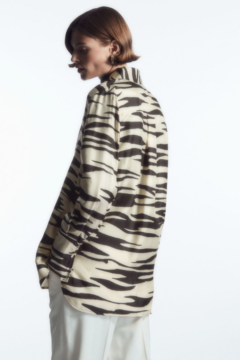 Women's COS Oversized Zebra-Print Silk Shirts White NZ-43BDNLKHX