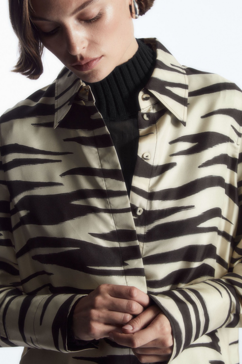Women's COS Oversized Zebra-Print Silk Shirts White NZ-43BDNLKHX
