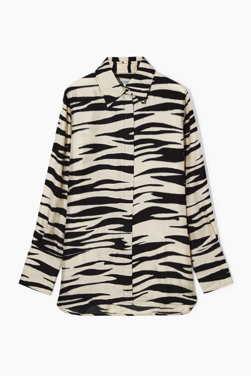 Women's COS Oversized Zebra-Print Silk Shirts White NZ-43BDNLKHX