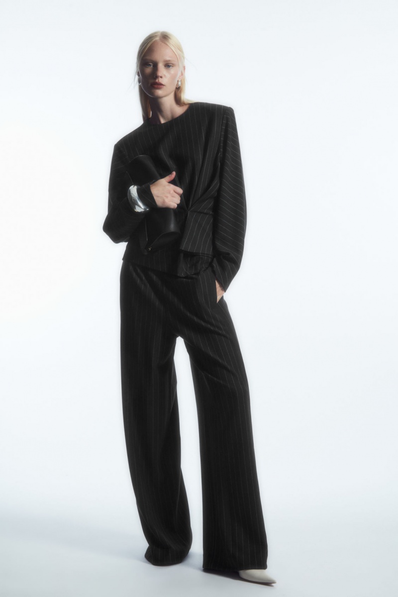 Women's COS Pinstriped Draped Tops Black NZ-25WTFAYJB