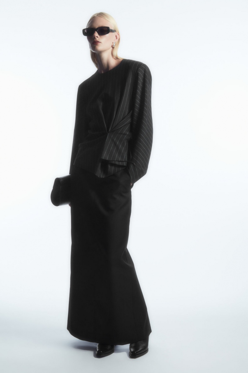 Women's COS Pinstriped Draped Tops Black NZ-25WTFAYJB
