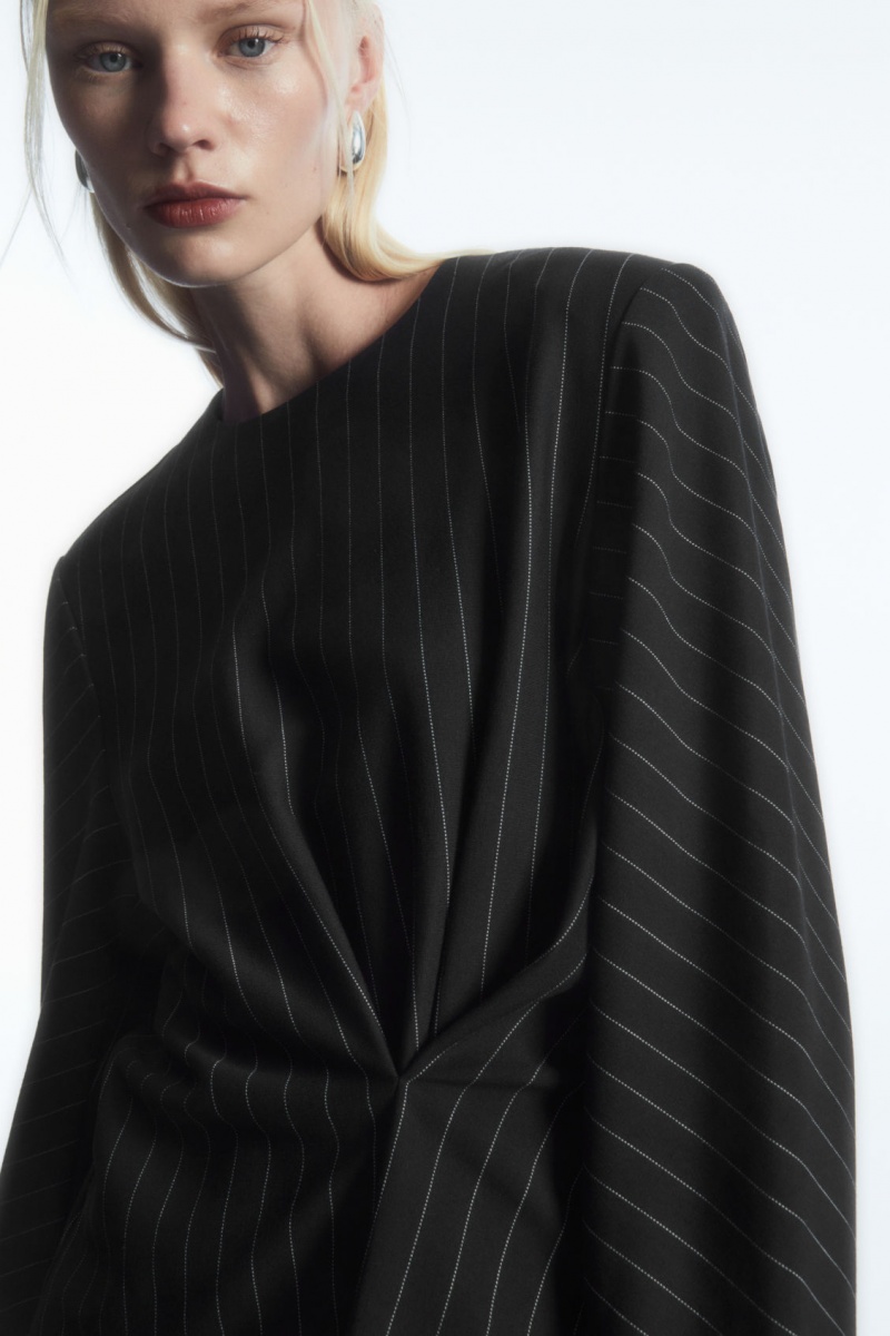 Women's COS Pinstriped Draped Tops Black NZ-25WTFAYJB