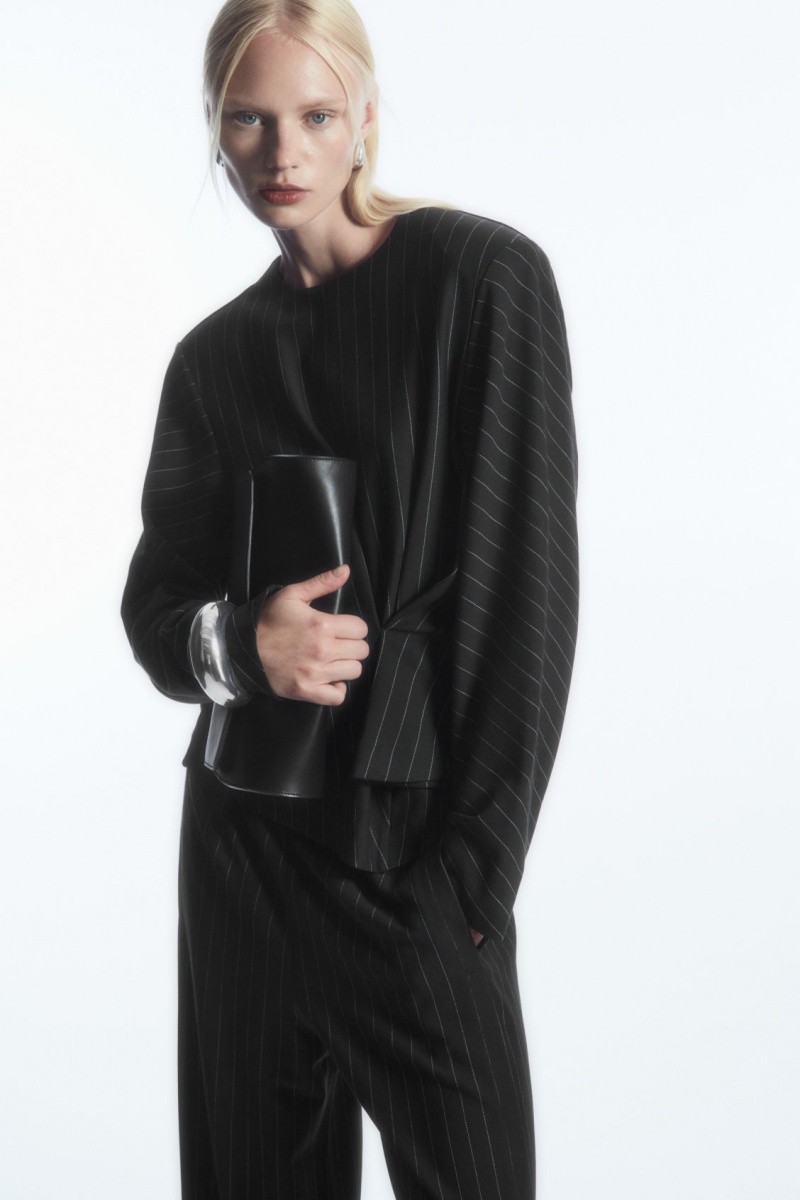 Women's COS Pinstriped Draped Tops Black NZ-25WTFAYJB