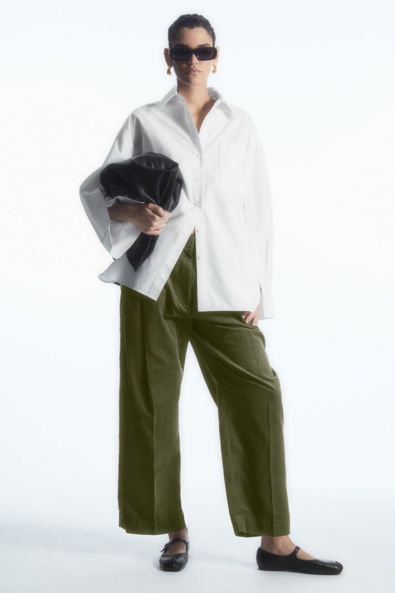 Women\'s COS Pleated Barrel-Leg Corduroy Pants Dark Khaki NZ-91EPIKMLU
