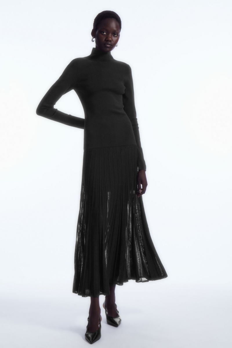 Women's COS Pleated Knitted Turtleneck Maxi Dress Black NZ-76JCNLIUA