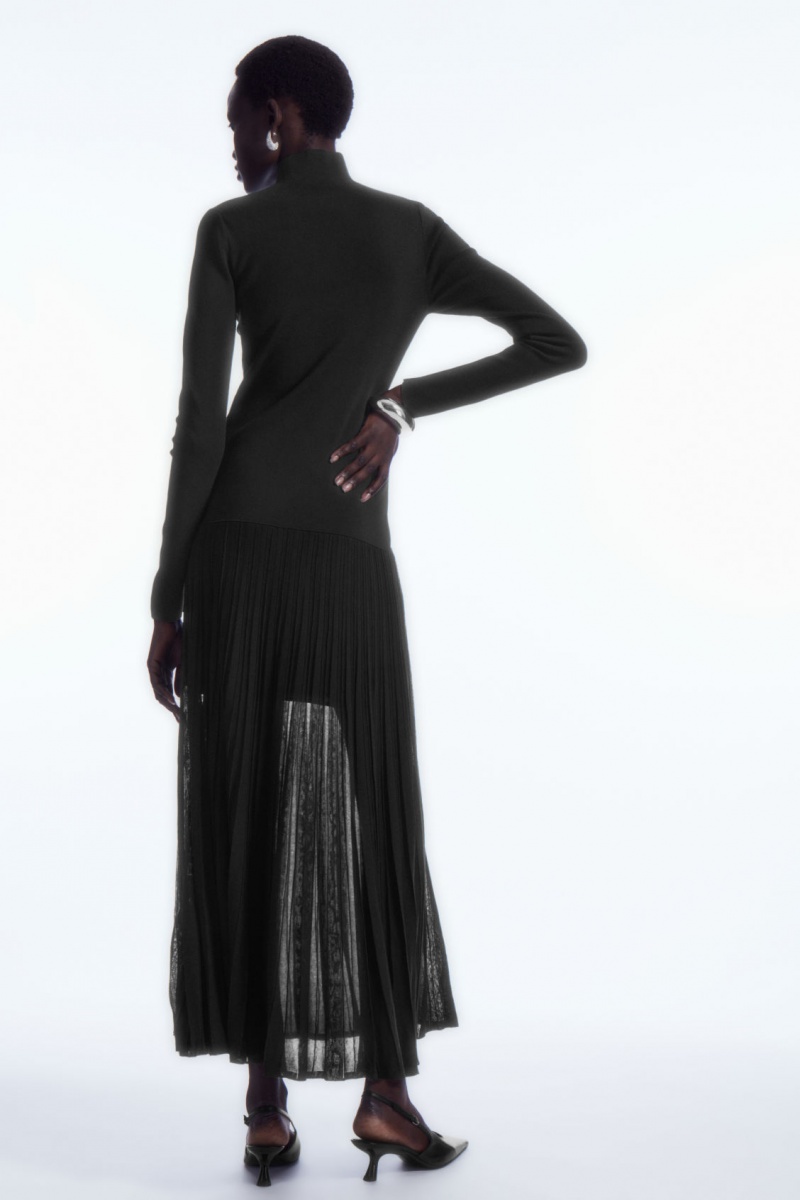 Women's COS Pleated Knitted Turtleneck Maxi Dress Black NZ-76JCNLIUA