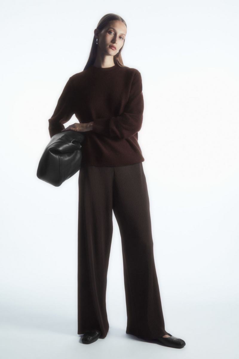 Women\'s COS Pleated Wide-Leg Trousers Dark Brown NZ-94EZMYSCD