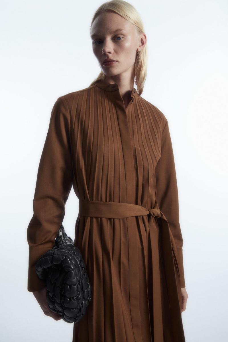 Women's COS Pleated Wool-Blend Dress Brown NZ-24DWPQXMY