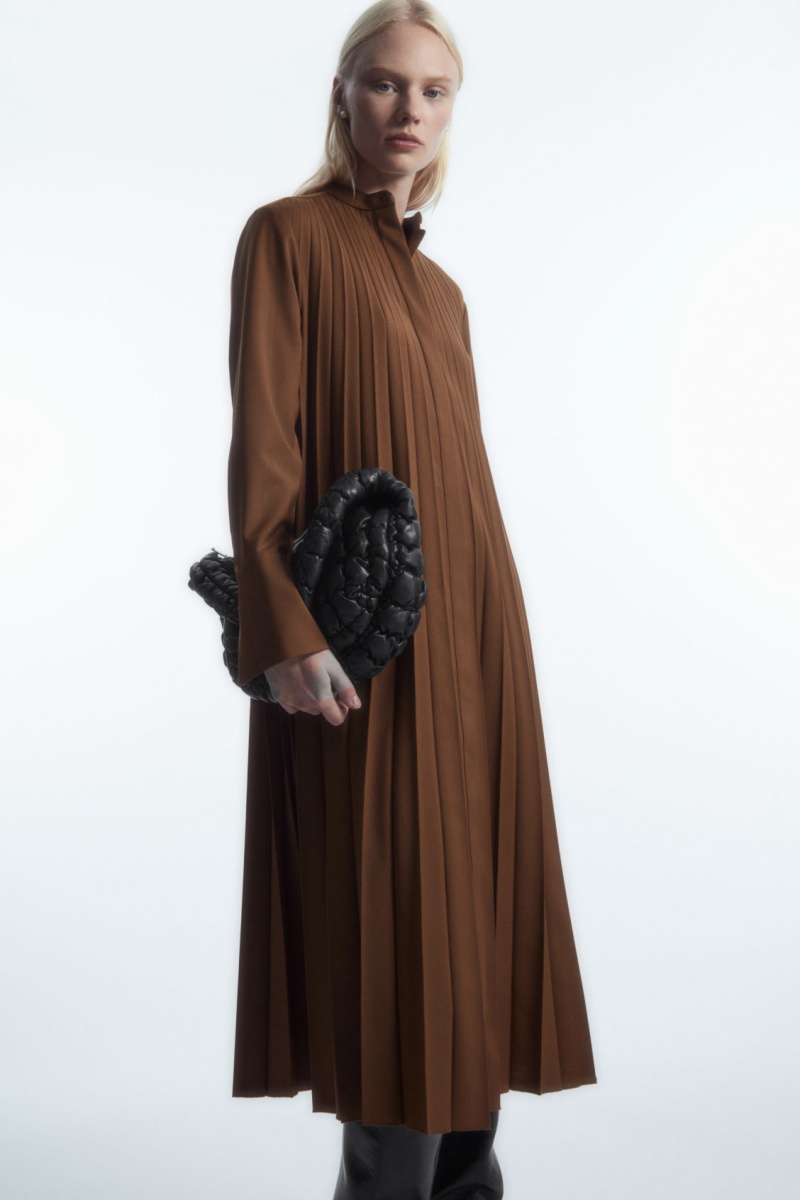 Women\'s COS Pleated Wool-Blend Dress Brown NZ-24DWPQXMY