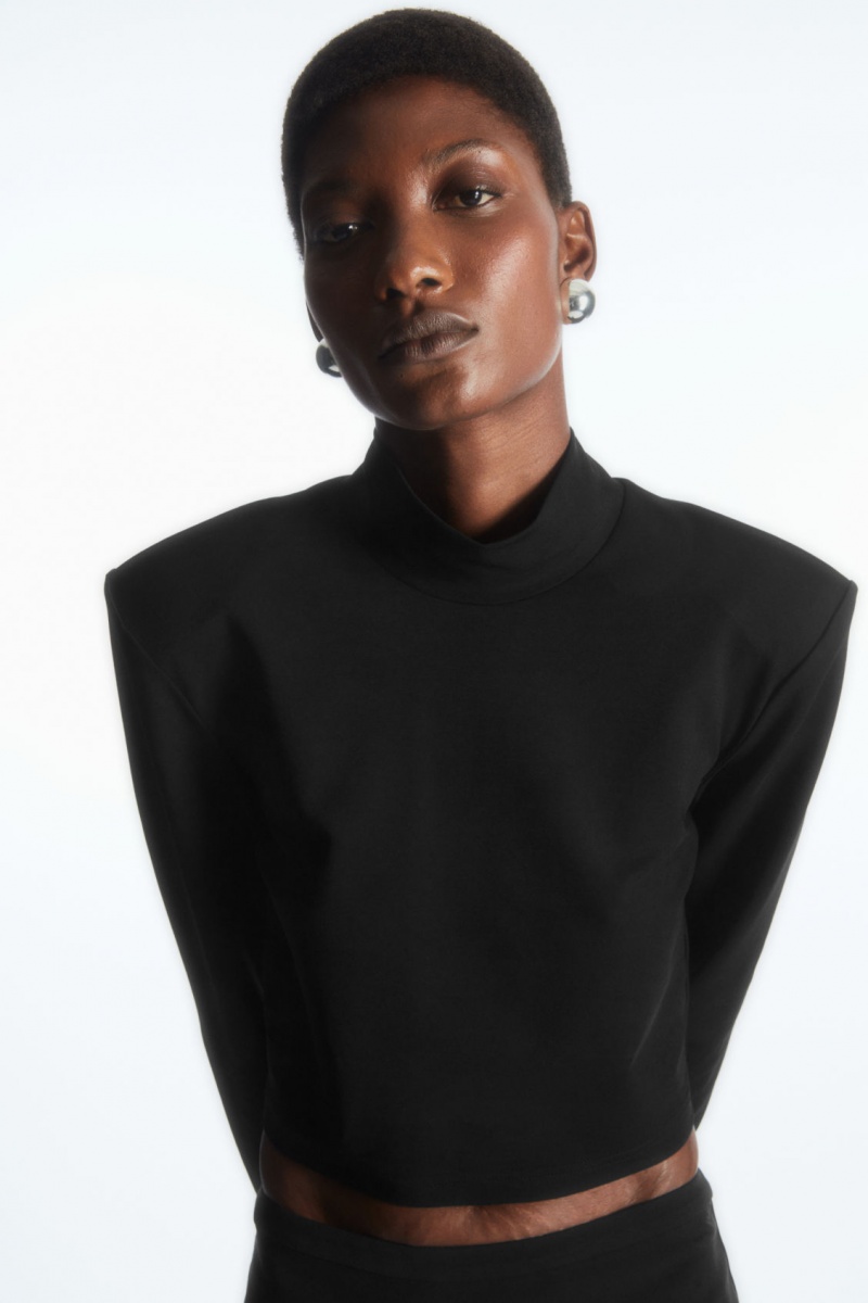 Women's COS Power-Shoulder Cropped Crop Top Black NZ-84OZNACHB