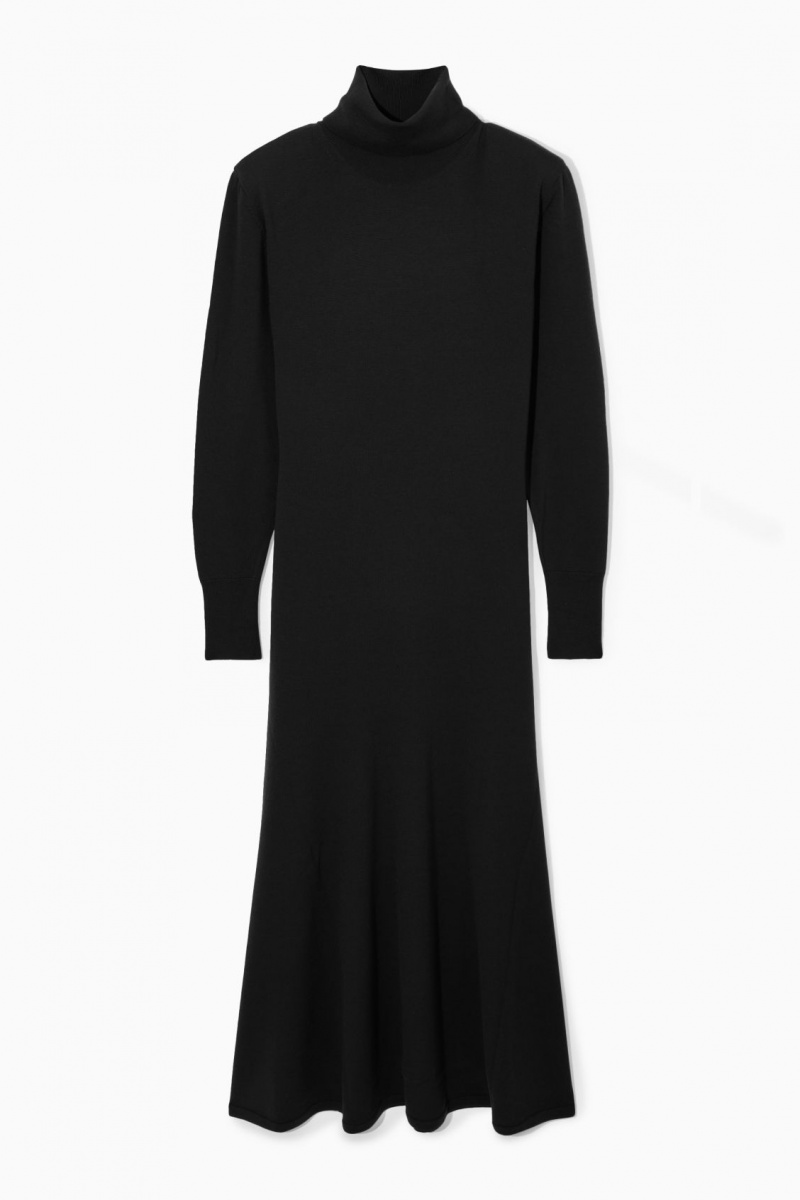 Women's COS Power-Shoulder Merino Wool Maxi Dress Black NZ-03SRZDTFW