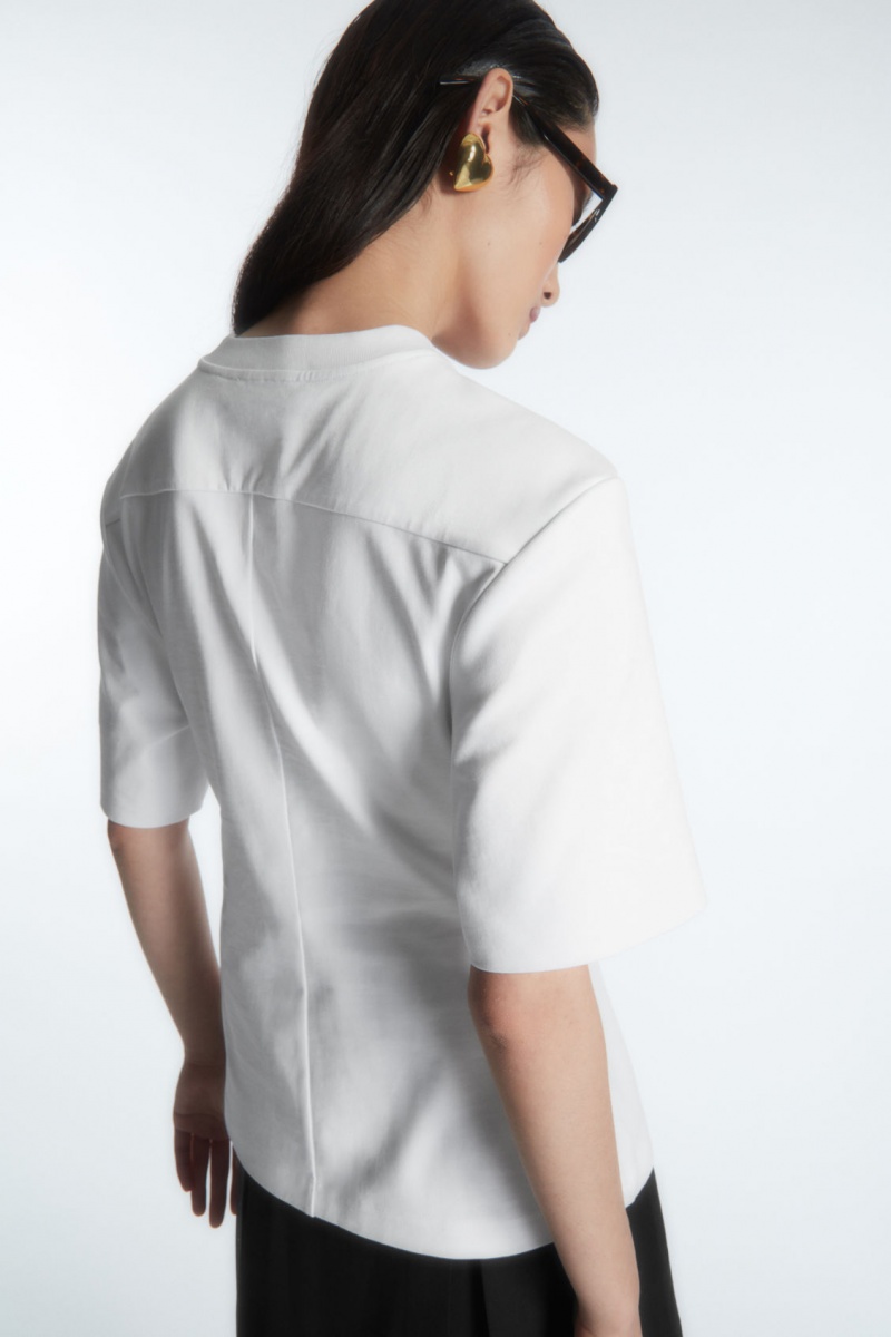 Women's COS Power-Shoulder Waisted T-Shirt White NZ-70HVPYXKJ