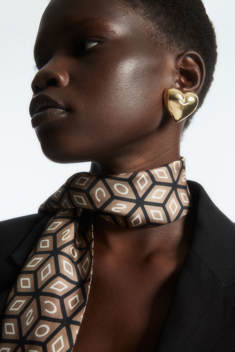 Women's COS Printed Pure Silk Scarf Dark Beige / Black NZ-78PSRYNIO