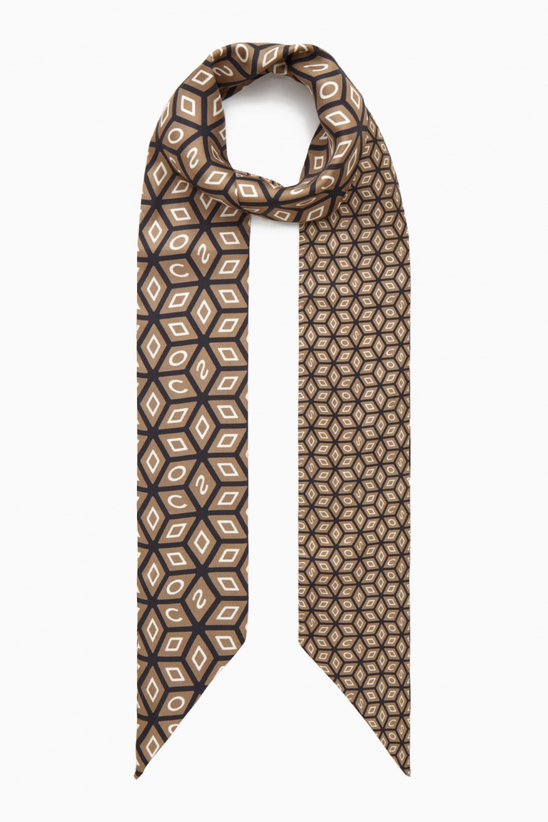 Women's COS Printed Pure Silk Scarf Dark Beige / Black NZ-78PSRYNIO