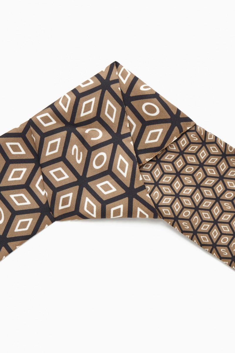 Women's COS Printed Pure Silk Scarf Dark Beige / Black NZ-78PSRYNIO