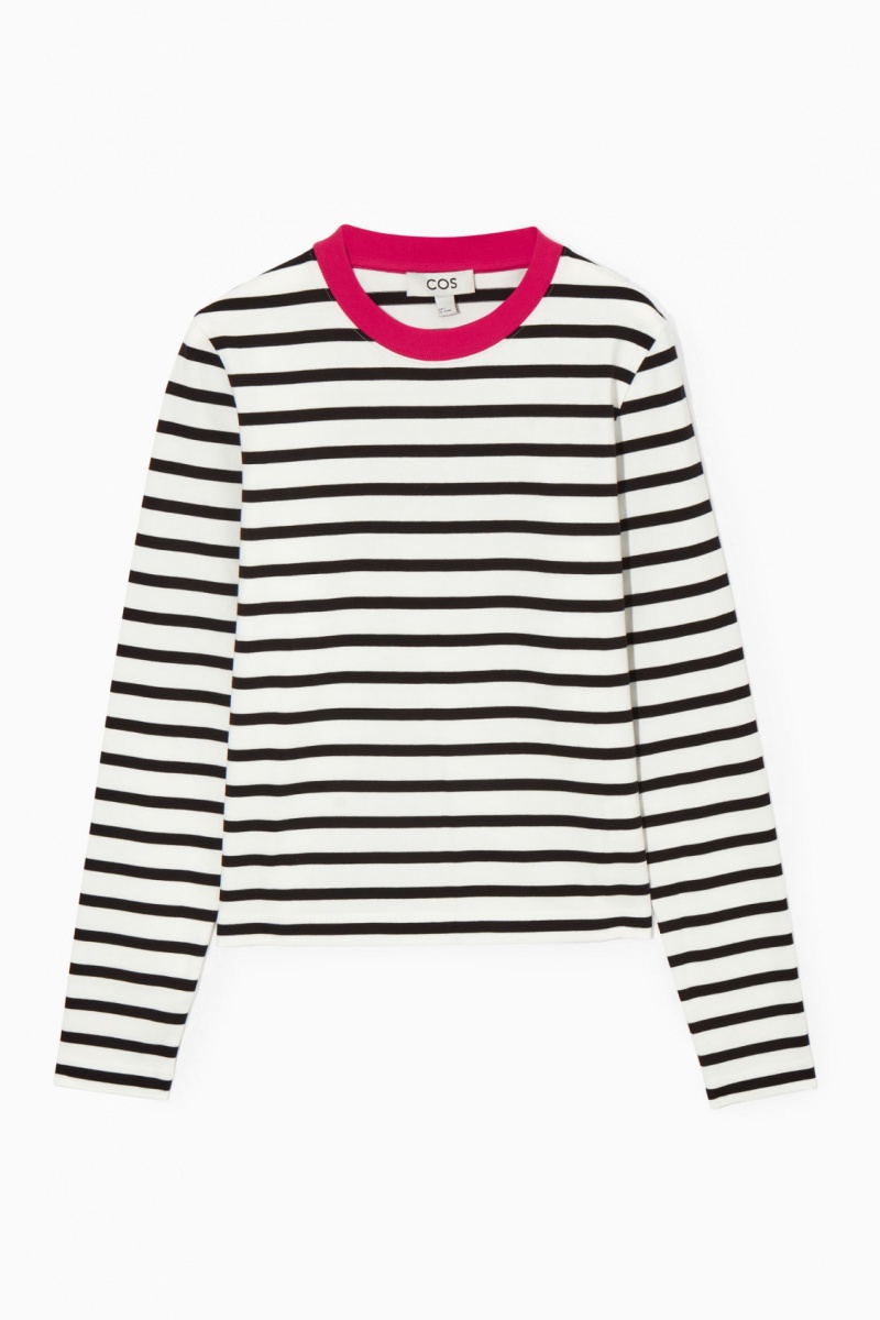 Women's COS Regular-Fit Heavyweight Long-Sleeved T-Shirt Black / White NZ-19FOULSQE