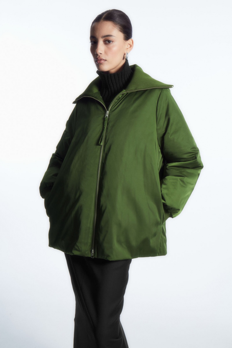 Women's COS Ribbed-Collar Puffer Jackets Dark Green NZ-32FMGAWDX