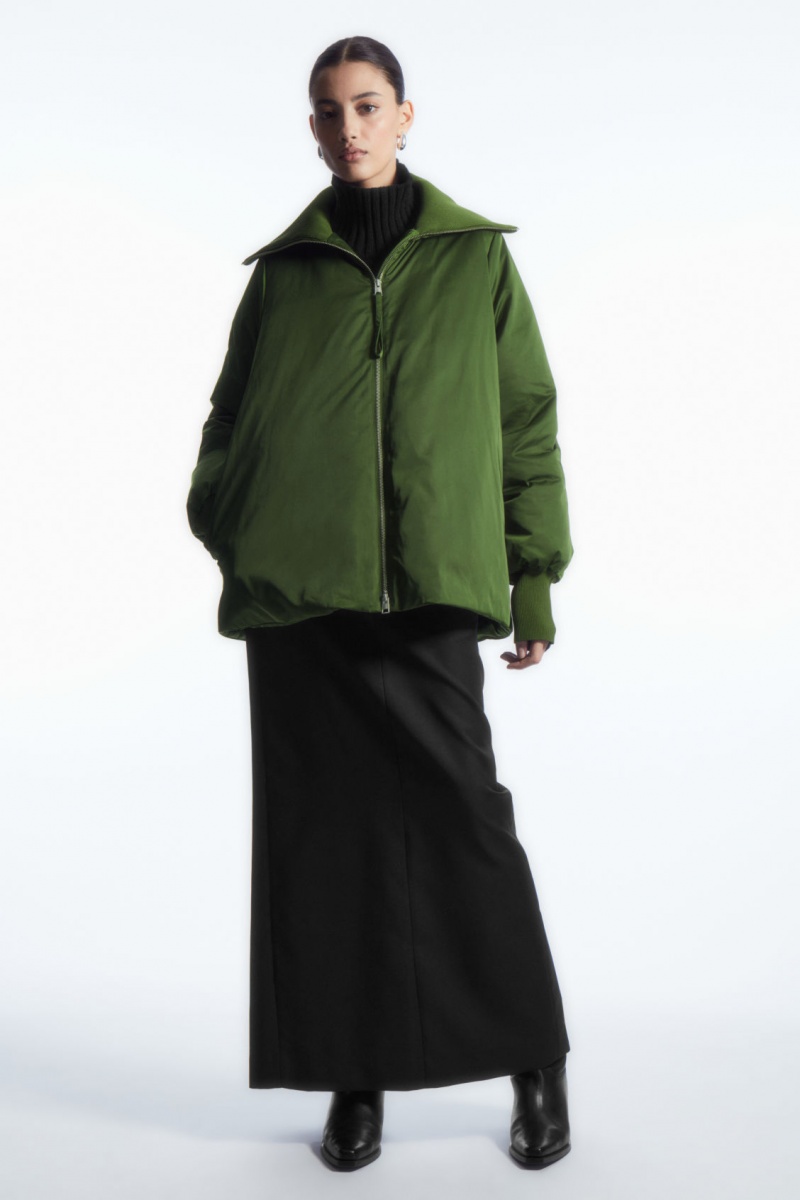 Women's COS Ribbed-Collar Puffer Jackets Dark Green NZ-32FMGAWDX